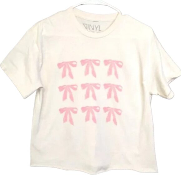 Vinyl Icons Pink Bow Coquette Tee Women’s S – Raw Edge Graphic Top - Picture 1 of 6